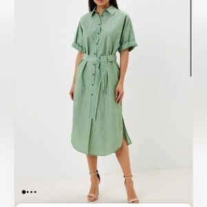 United Colors of Benetton Green Midi Dress L White Stripe Button Front Ptp 26”